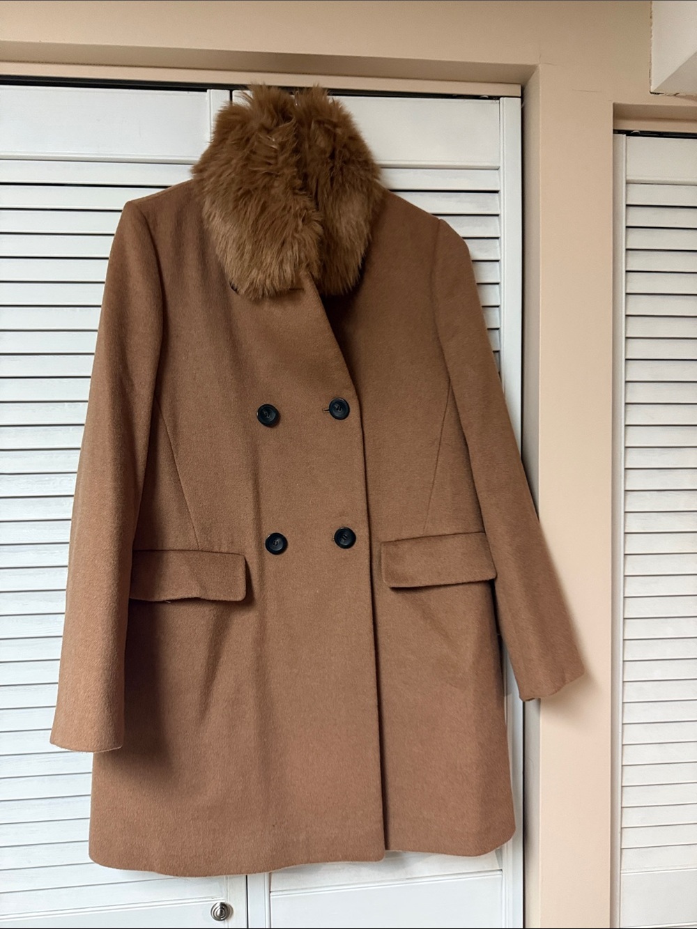 Ann Taylor Camel Brown Double-Breasted Pea Coat with Faux Fur Collar